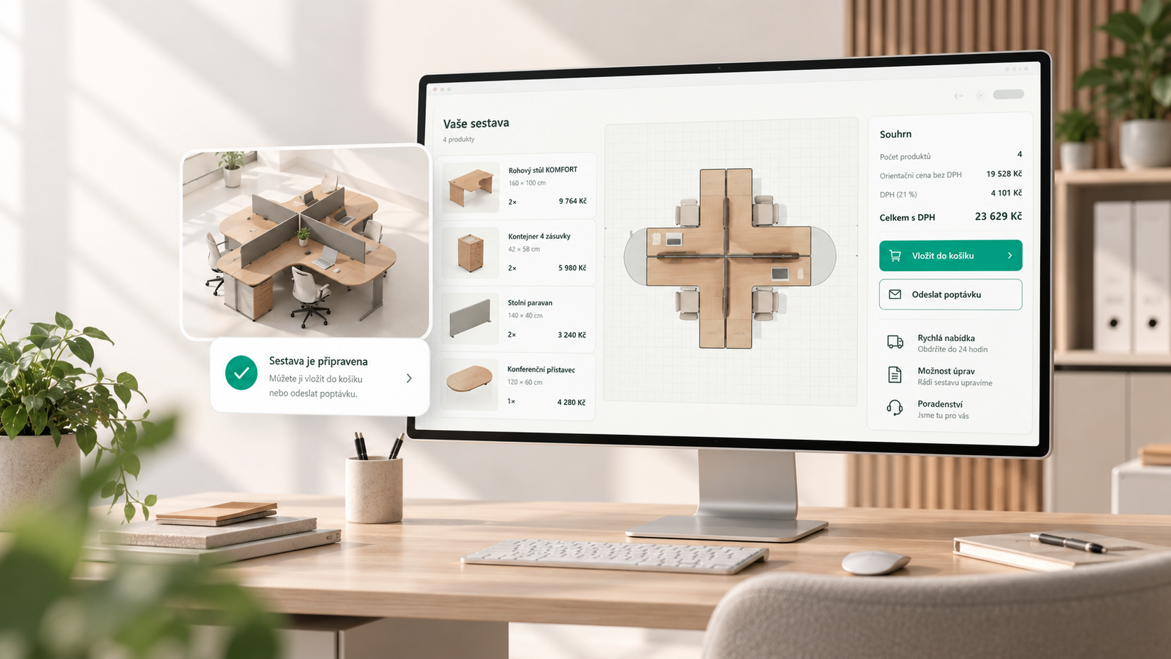 Konfigurátor kanceláře KOMFORT s 2D návrhem, 3D zobrazením a cenou